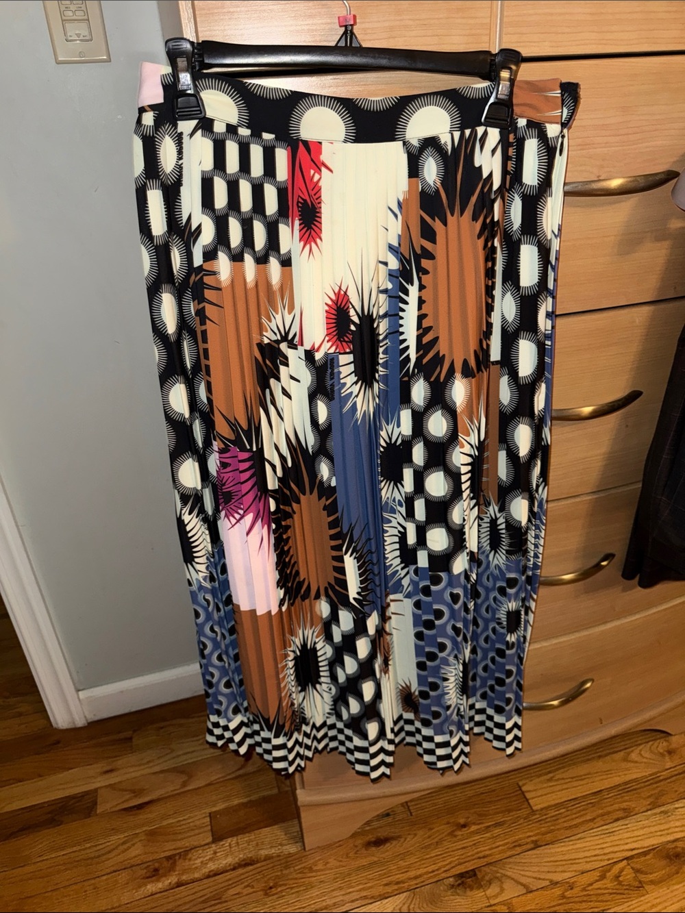Pleated Geometric Print Midi Skirt in Black, Brown & Blue Anthropologie